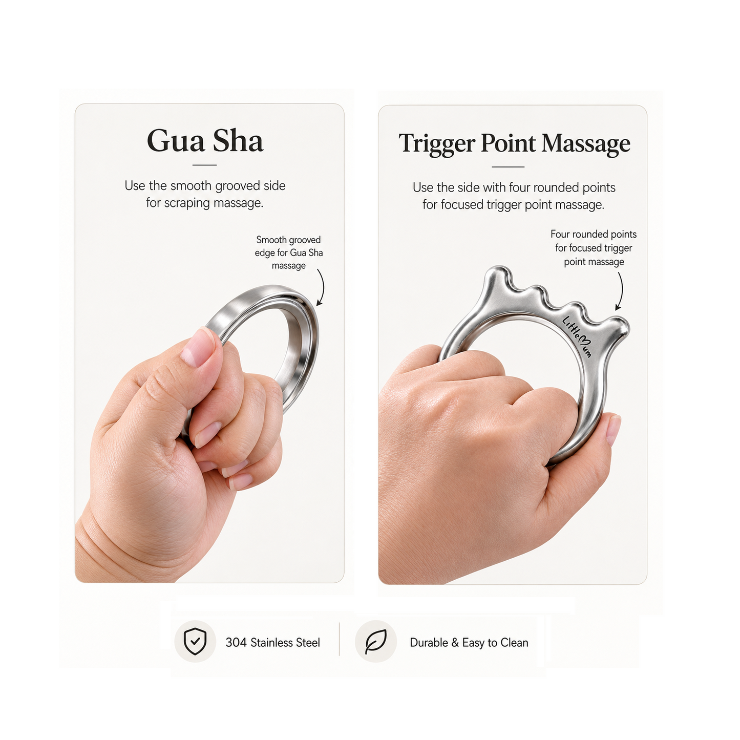 LittleMum Therapy Grip used for Gua Sha massage and controlled four-point trigger point pressure