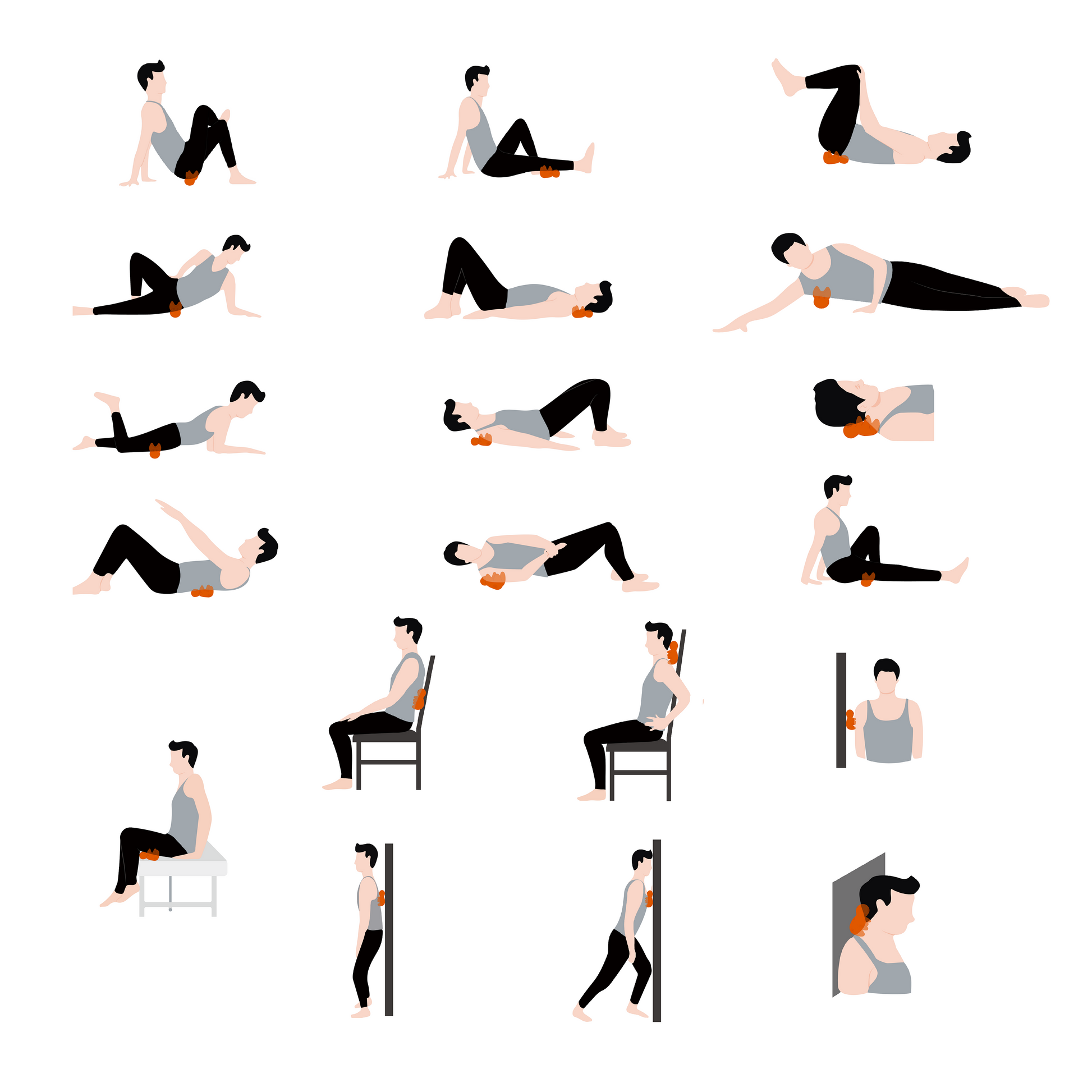 Full-body massage ball positions using a wall chair or floor
